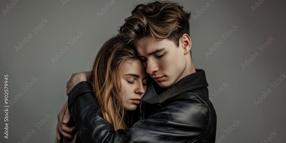 Poster a man and a woman hugging each other in a warm and intimate moment