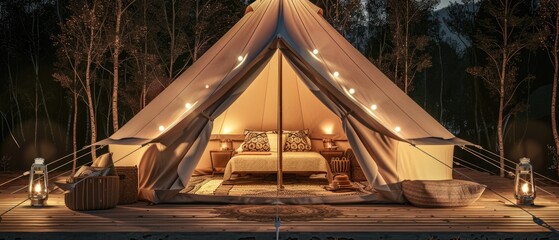 Glamping. Illuminated bell tent at night. Glamping at night, glowing tent, nightlights