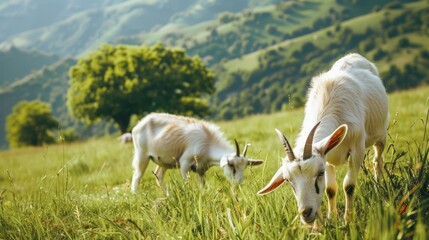 Three goats on a meadow in the mountains. Beautiful rural landscape.