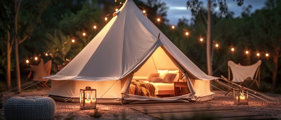 Glamping. Illuminated bell tent at night. Glamping at night, glowing tent, nightlights