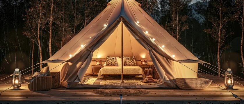 Glamping. Illuminated bell tent at night. Glamping at night, glowing tent, nightlights