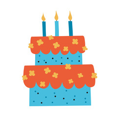 Birthday cake with candles and flowers hand drawn vector illustration on isolated background. Festive element for congratulation, party. Design food graphic for print, card, paper, poster, sign, paper