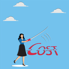 Cost saving idea cost reduction or decrease expense financial or accounting optimization lower spending to make more profit concept smart businesswoman cutting the word COST with his sword