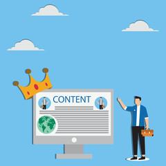 Content strategy for advertising and marketing brand communication or social media idea customer engagement concept businessman standing with computer with the word content wearing crown