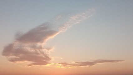 A wispy feathery cirrus cloud floats high in the sky at sunset. Its delicate form is illuminated by the warm colors of the setting sun, creating a beautiful and peaceful scene.