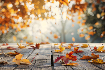 wooden table over beautiful autumn park background