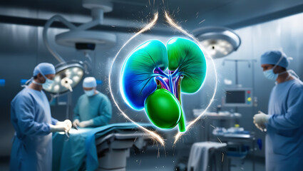 A kidney hologram with animated elements, Kidney disease, stones, innovative technologies of the future