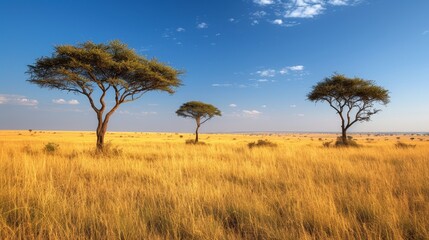 Obraz premium A vast savanna with golden grasslands stretching to the horizon, dotted with acacia trees