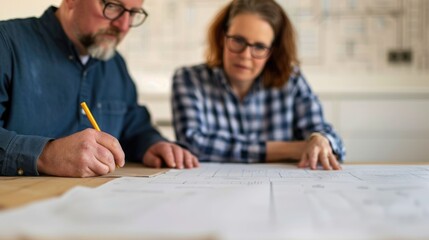 A couple intensely reviewing and discussing home renovation design plans and ideas together in a professional office workspace setting  They are collaborating on the project
