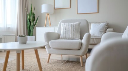 Beautifully staged and furnished modern living room with minimalist Scandinavian inspired design for an elegant and inviting real estate listing or property showcase