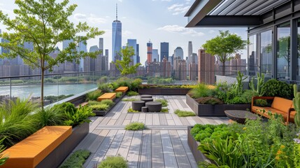 Fototapeta premium An urban rooftop garden with a view of the city skyline, featuring greenery and seating areas