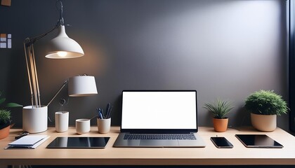 Modern Tech Workspace with Sleek Gadgets: Laptop, Smartphone, Tablet, and Wireless Accessories
