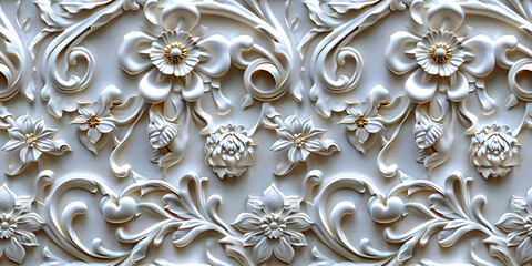 Seamless 3D elements of White and Golden luxury design Baroque Classical Relief Panel on Wall. Refined Gothic-inspired Stucco Molding With Floral Motifs. A Marble Carving in Late Ottoman Style.