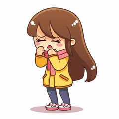 A cute cartoon girl coughs into her elbow, showcasing good hygiene. Clean and simple design on a white background.