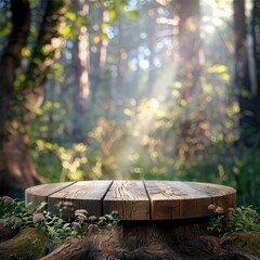 Fototapeta premium A wooden stump placed on a table in a lush green forest. The podium for the product. Sunlight shining through the trees. The concept of nature, outdoor recreation and tranquility.