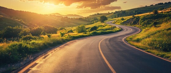 Scenic road trip through nature. Asphalt highway winds picturesque landscape surrounded by lush greenery and rolling hills. Warm tones of sunset cast golden glow over scene creating serene