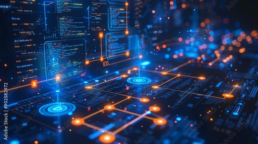 Poster visual representation of advanced digital network technology in a futuristic setting during evening 