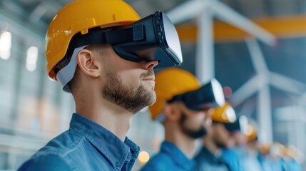 A group of engineers using virtual reality headsets and equipment to visualize and analyze wind turbine models in a deep depth of field workspace  The team is collaborating on the design development