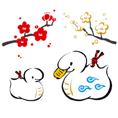 手描きのへびの親子と紅白梅のイラスト　2025年　年賀状　巳年　令和7年