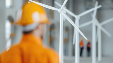 A group of engineers deeply engaged in a brainstorming session to develop innovative ideas and solutions for advancements in wind turbine technology  The image captures the collaborative effort focus