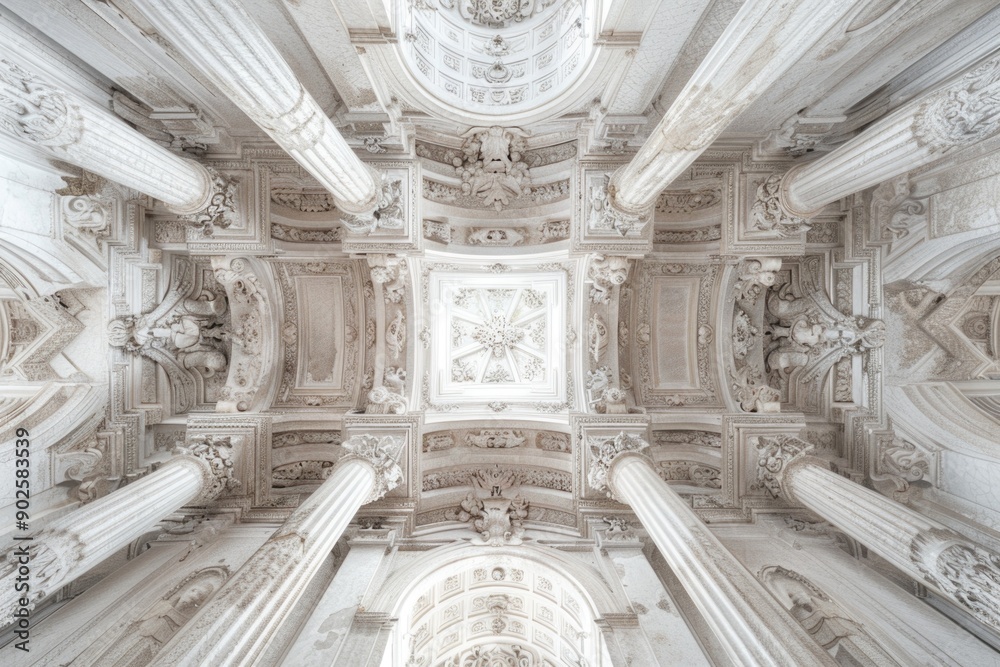 Poster a classic building interior featuring a decorative ceiling with ornate columns and a clock face