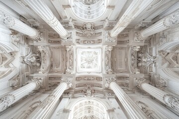 A classic building interior featuring a decorative ceiling with ornate columns and a clock face