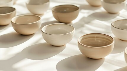 Minimalist picture of a set of clay bowls on a light background, beige or white color scheme