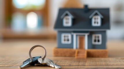 First Time Homebuyer Couple Receiving Guidance from Real Estate Agent on Purchasing Their New Home  Deep Depth of Field Focusing on House Model and Keys