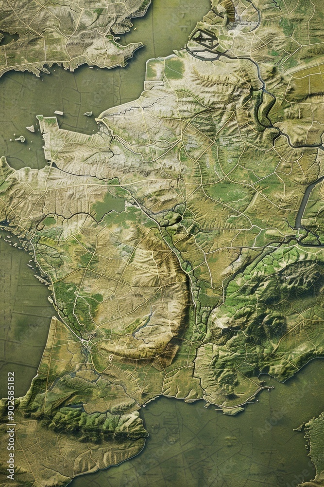 Poster aerial image of a country map with cities and roads visible