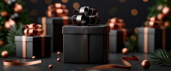 3D Black Gift Boxes With Black Ribbons On A Black Background, Exuding Sophistication