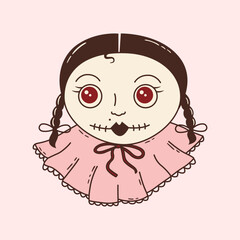 Fototapeta premium Hand drawn illustration of creepy victorian doll. Vintage toy halloween decoration. Gothic girl character. Vector clipart