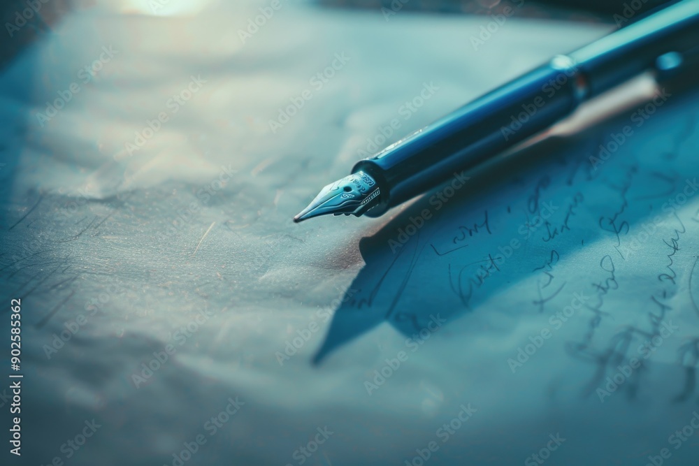 Poster a close-up shot of a fountain pen resting on a sheet of paper, ready for writing