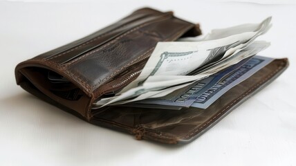 A close-up of a stylish brown wallet with cash peeking out, perfect for showcasing personal finance and organization.