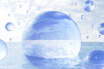Big Glass Dome Floating in the middle of sea with other floating glass orbs in the sky, sea horizon background. Fantasy Ocean Concept. Aquatic Dreamscape.
