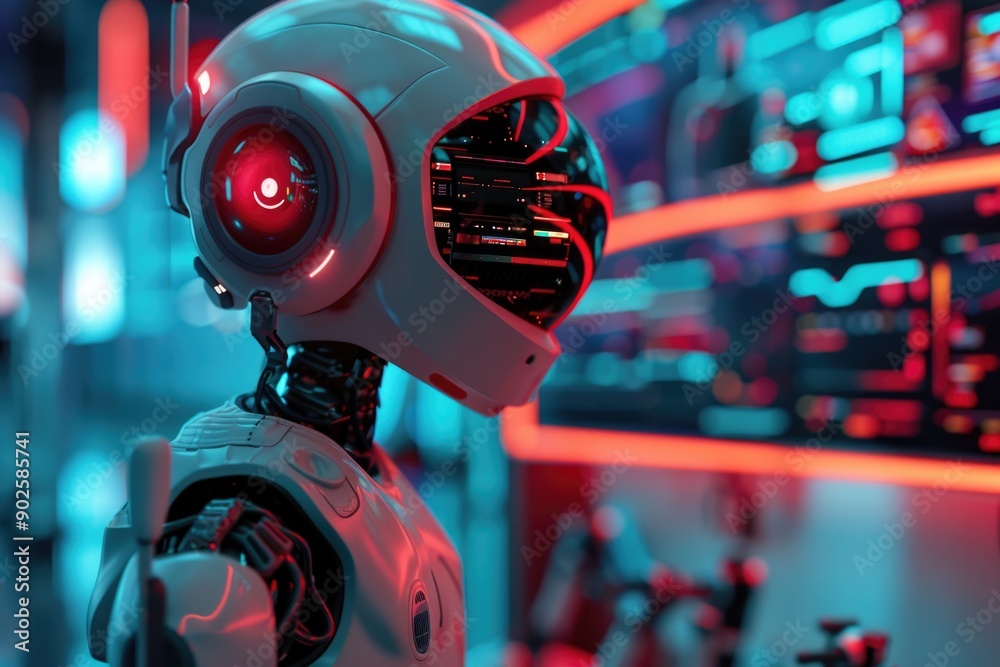 Poster a robotic figure with a bright red light on its face, suitable for futuristic or technological theme