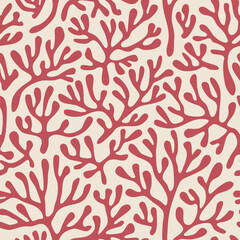 Red coral seamless pattern on beige background in vintage style. Fauvist-inspired modern abstract organic algae background. Vector design for textile, wrapping paper, greeting cards.