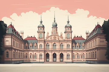 Fototapeta premium Historic baroque palace with ornate façade, arched windows, and central tower under a pastel pink sky with soft clouds