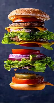An exploding view of a layered cheeseburger with droplets of sauce suspended mid-air against a dark background, highlighting each tasty component in vivid detail. video 4k
