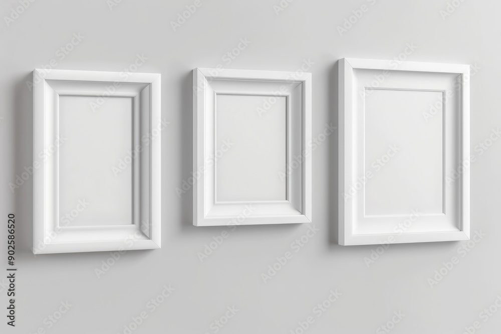 Poster Three white picture frames hang on a wall with empty spaces inside