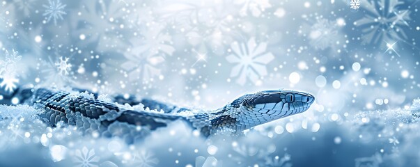 Coiled snake with intricate scales rests in a snowy landscape. snowflakes and a soft, blue-white glow on background with copy space. Winter-themed posters, banners, advertising, greeting cards