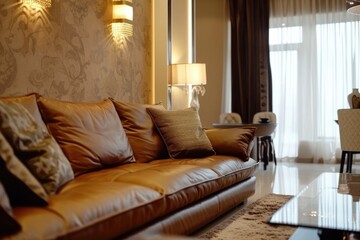 A cozy living room featuring a brown leather couch and neutral decor