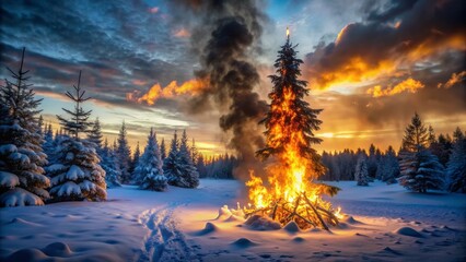 Naklejka premium Dramatic winter landscape featuring a ravaging christmas tree on fire amidst snowy forest surroundings at dusk with fiery flames illuminating the darkness.