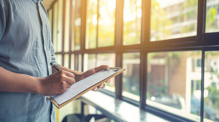 Person with Clipboard Writing by Sunny Window