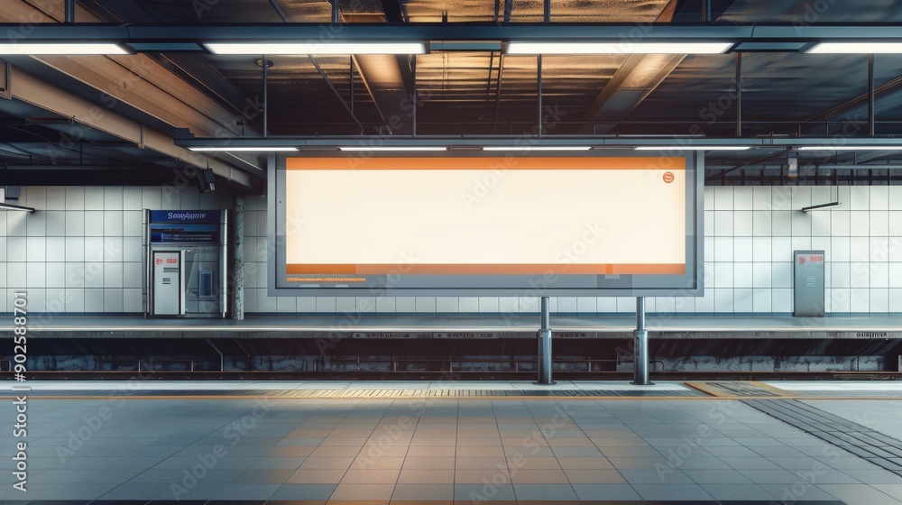 Poster a deserted subway platform with a blank billboard