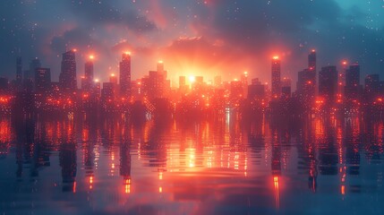 Fototapeta premium Futuristic city skyline above calm water during a vibrant sunset, with reflections and glowing lights creating an ethereal atmosphere.