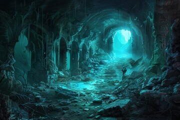 Fototapeta premium Mysterious Glowing Cavern with Staircase