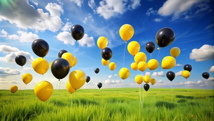 Vibrant yellow and black balloons floating serenely above lush green meadow landscape with clear blue sky and fluffy white clouds.
