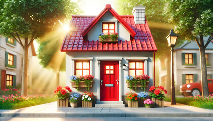 Charming Small House with Red Roof in Sunlit Neighborhood: Whimsical Home