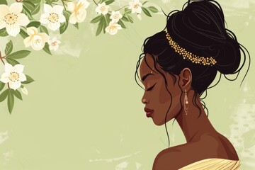 Chinese minimalism illustration, portrait of an African woman with wavy dark hair styled in a high bun with a beaded headband, wearing a flowy tunic, flat illustration Chinese figure illustration 