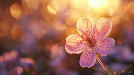 Delicate Pink Flower in Warm Sunlight with Bokeh Background